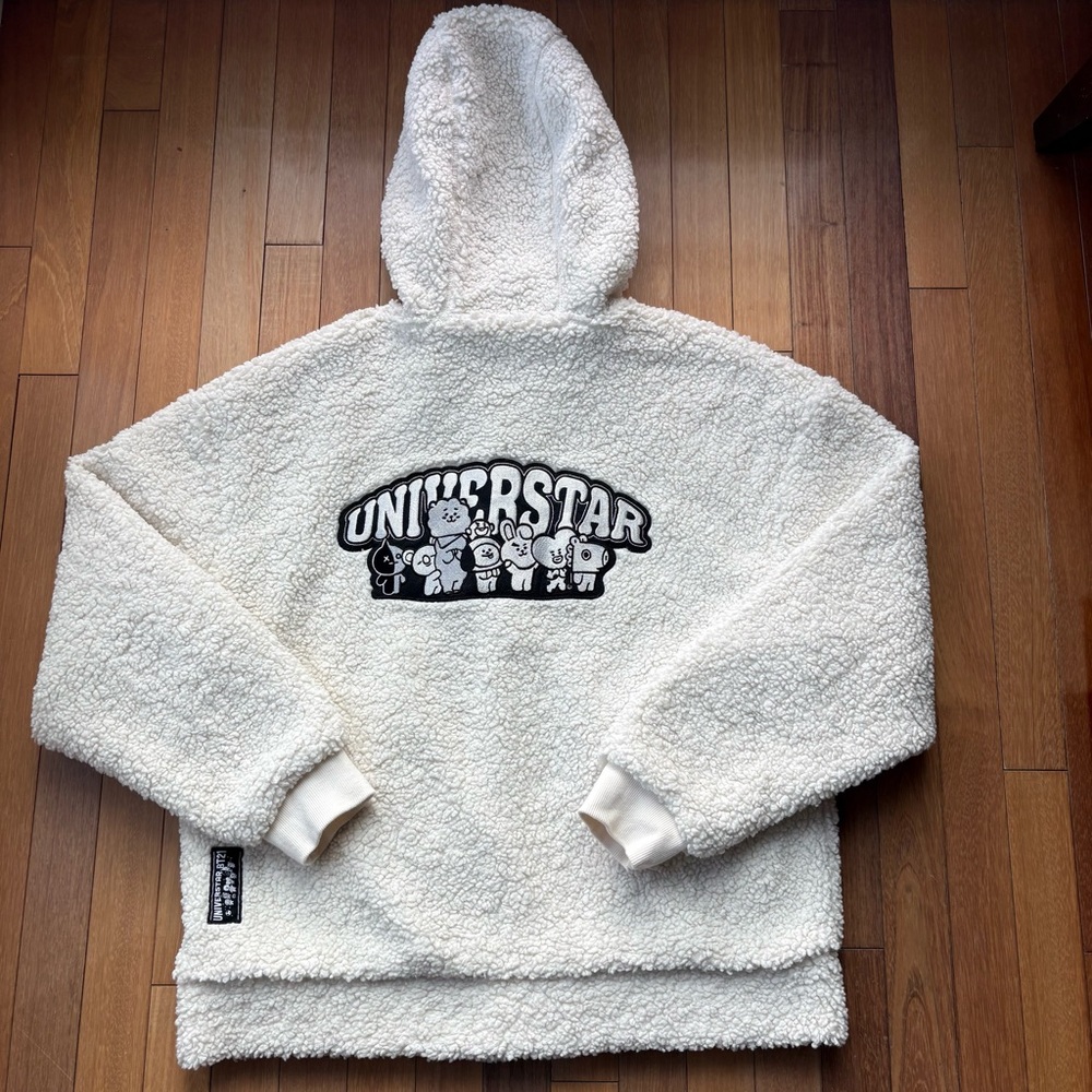 BT21 UNIVERSTAR White Sherpa Fleece Zip-Up Hoodie Jacket Small (S) K-Pop BTS